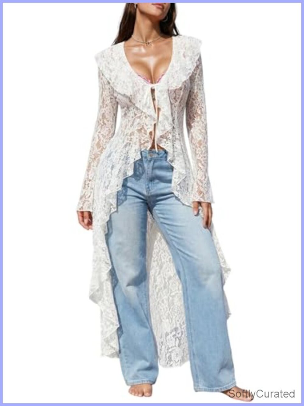 Lace Cardigan Bell Sleeve Tie Front Maxi Duster Boho Summer Coverup